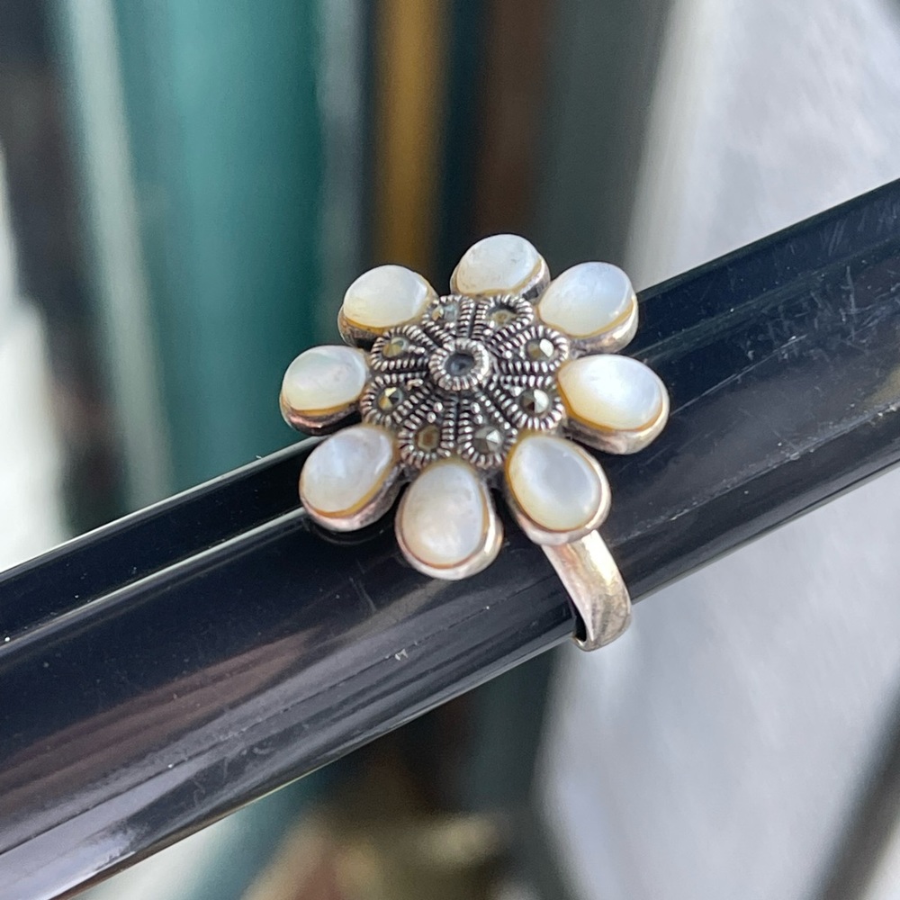 Mother of Pearl Marcasite and Sterling Silver Flower Ring